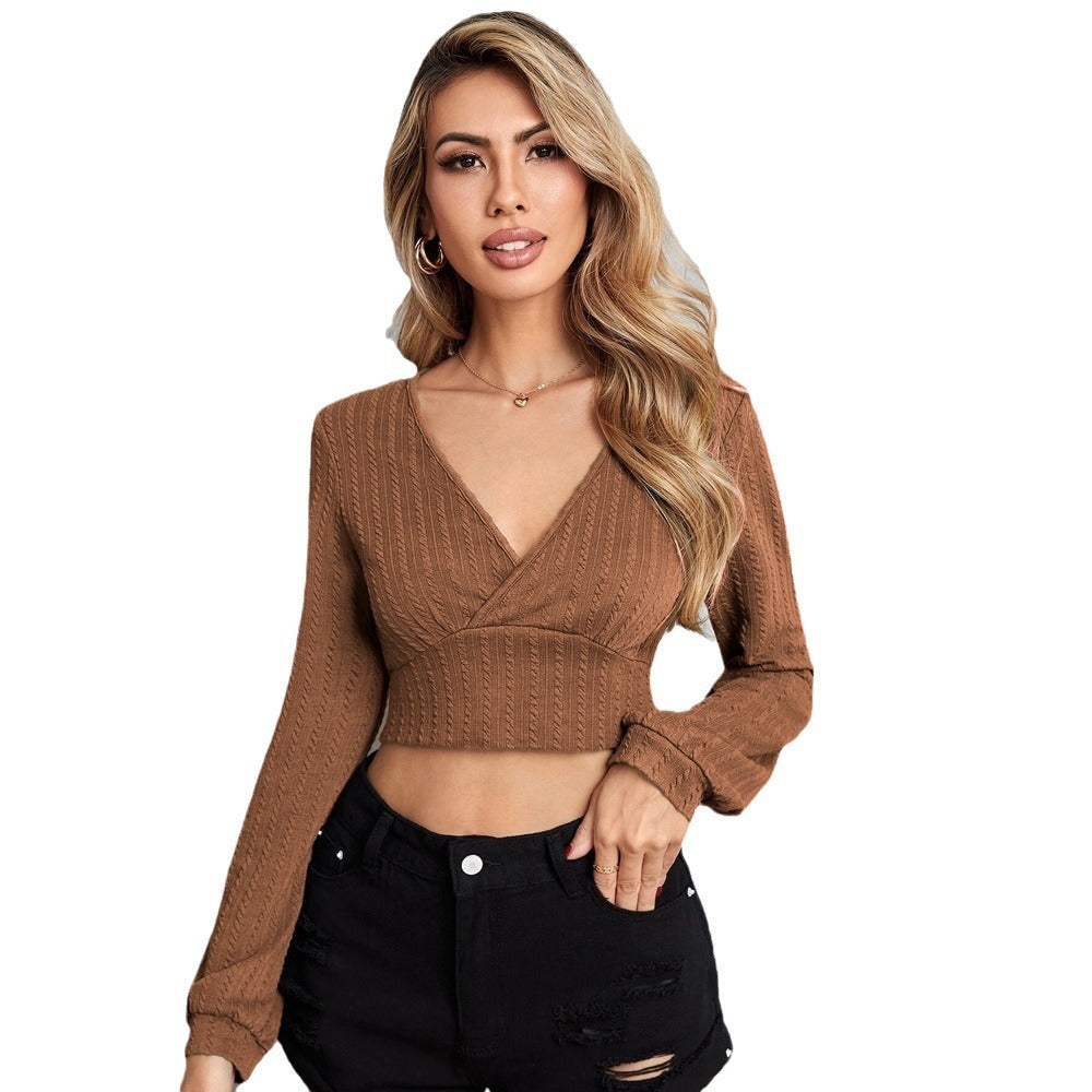 Brown Full Sleeved V-Neck Top