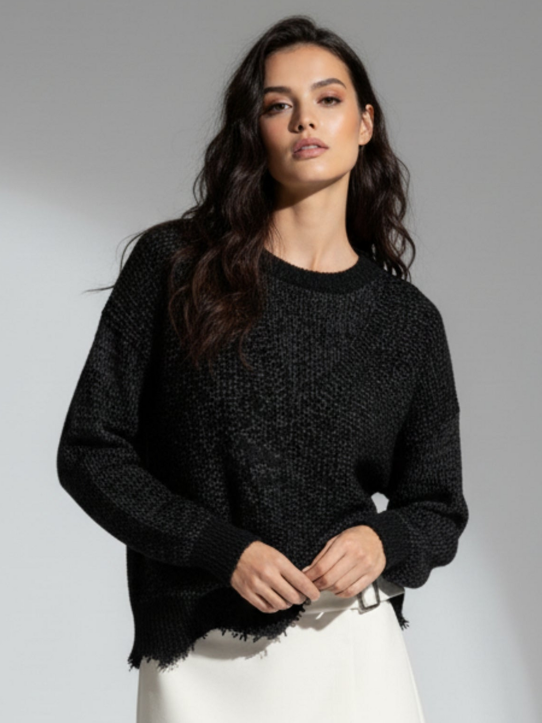 Grey Full Sleeve Crew Neck Fringe Hem Sweater