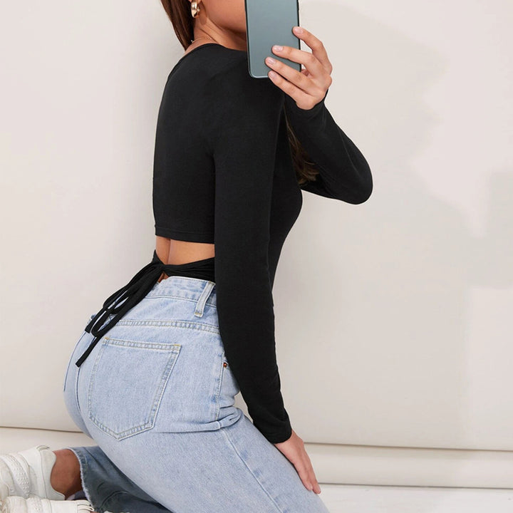 Black Fitted Top With Back Tie Up