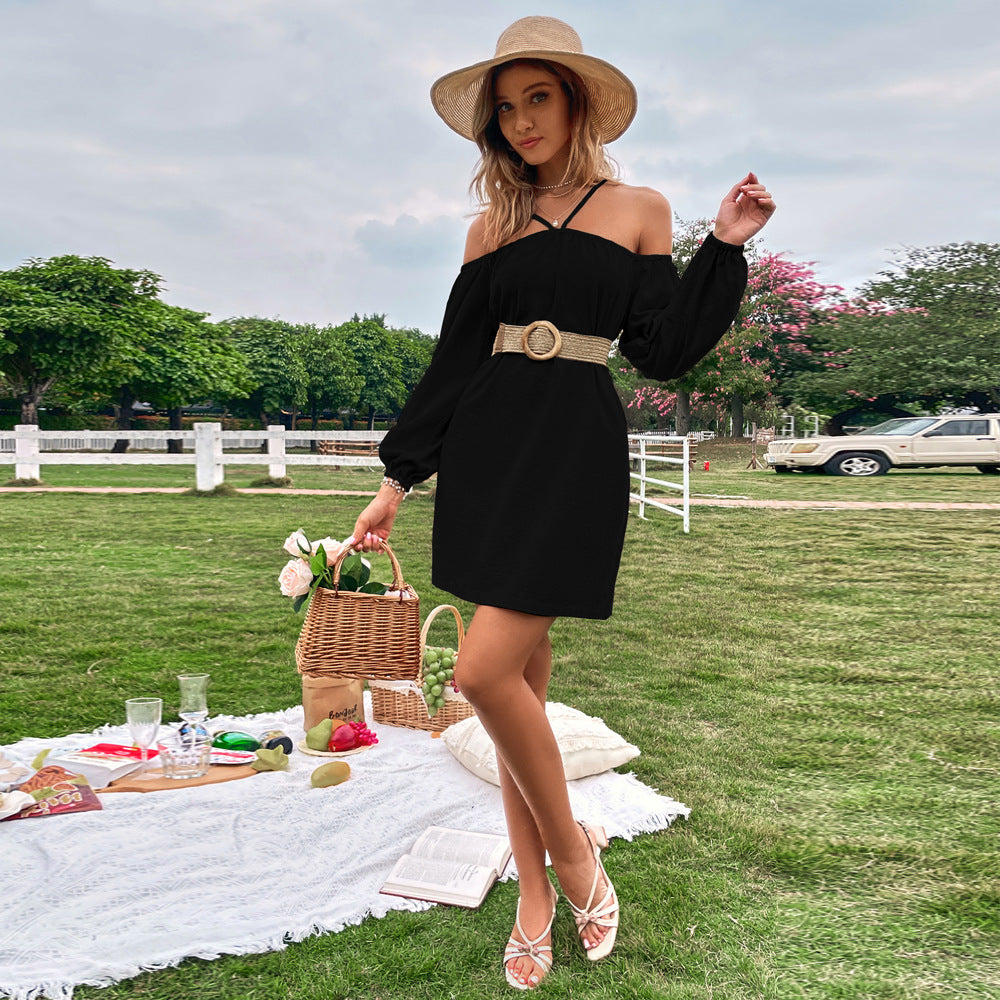 Black Cold Shoulder Bishop Sleeve Dress