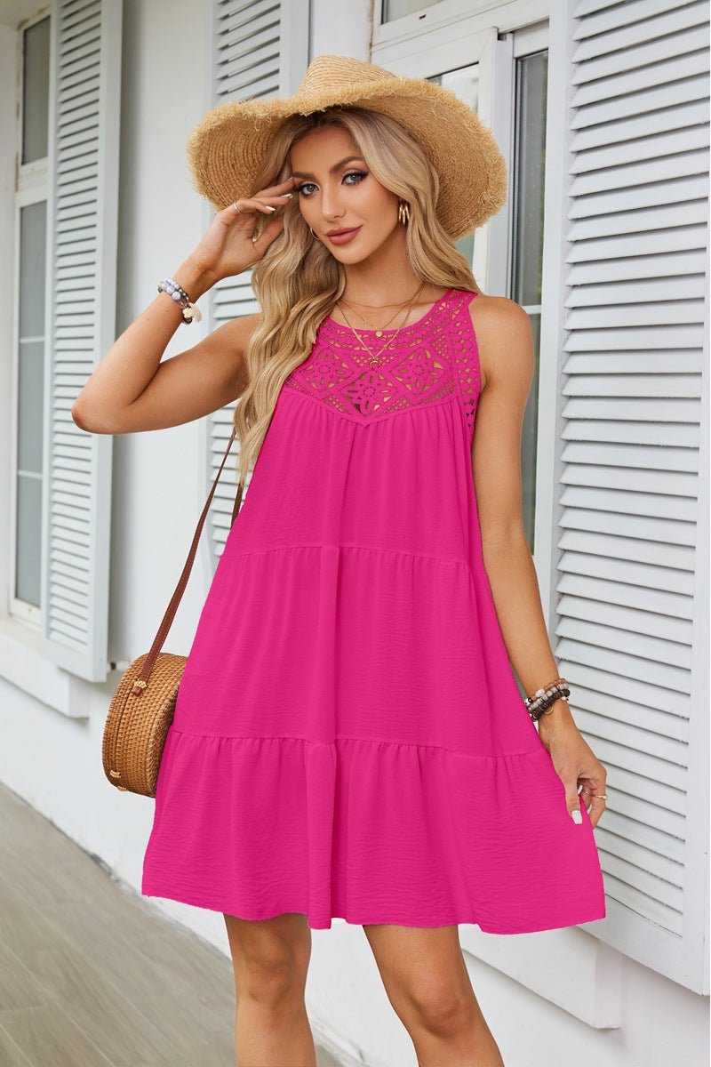 Pink Lace Inserts Tiered Mini Dress