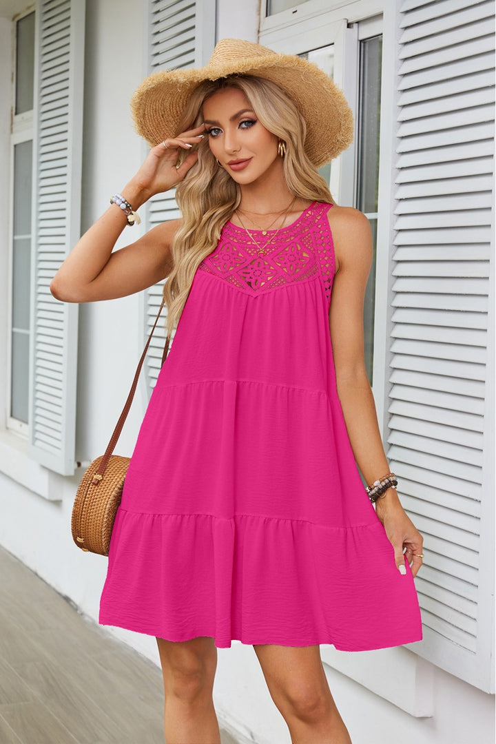 Pink Lace Inserts Tiered Mini Dress