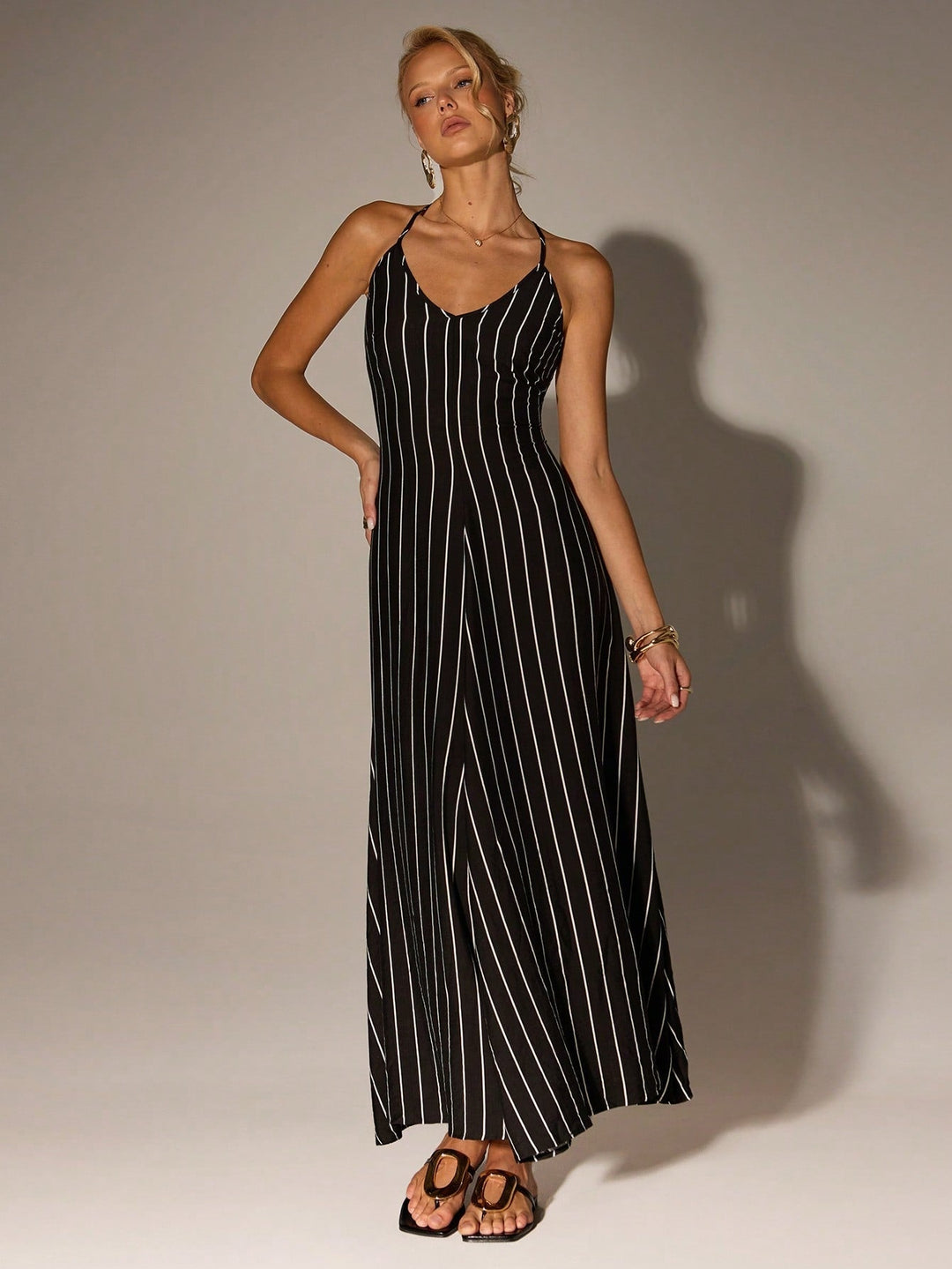 Black Spaghetti Strap V Neck Flared Dress
