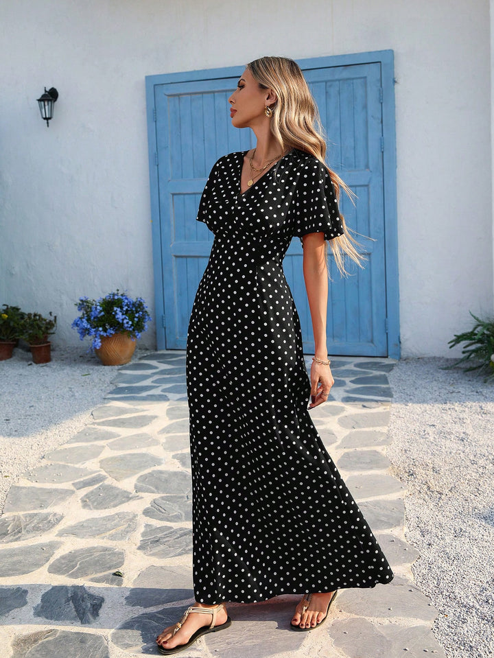 Black V Neck Flutter Sleeves Maxi