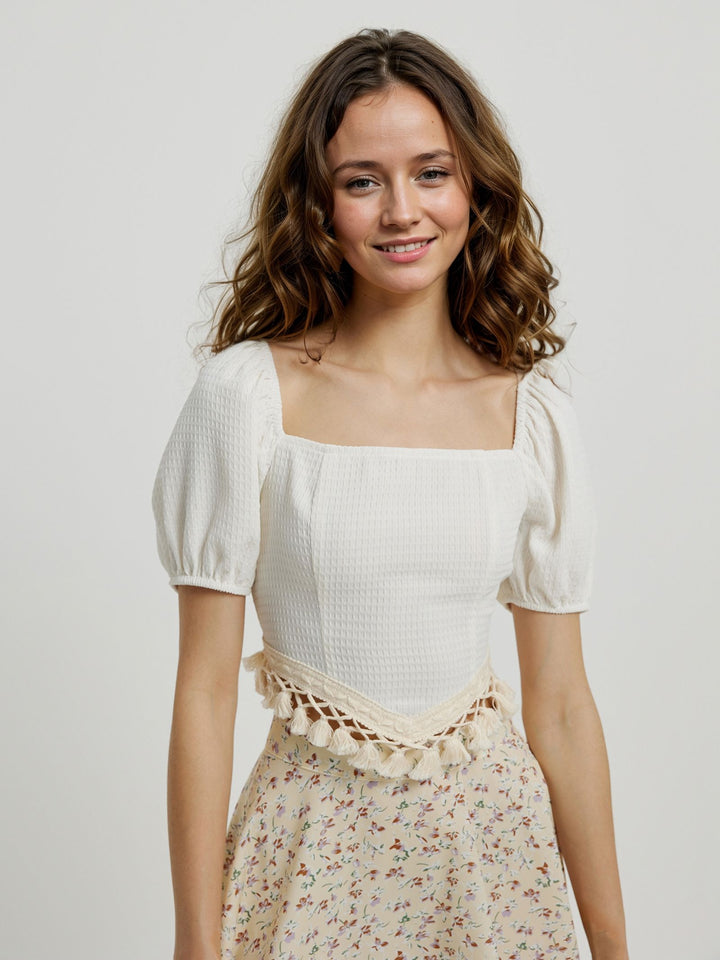 Beige Tassle Detail Cropped Top
