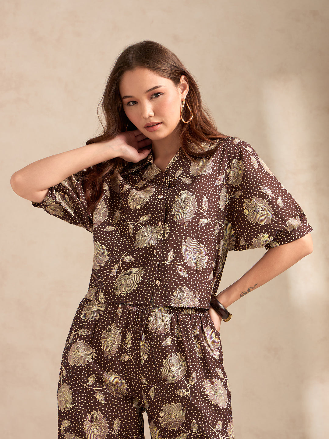 Brown All Over Printed Co-Ord Set With Puff Sleeves