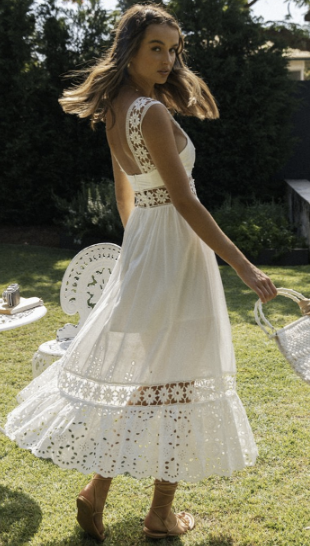 White Lace Inserts Solid Dress