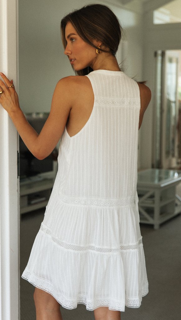 White High Neck Mandarin Collared Flowy Dress