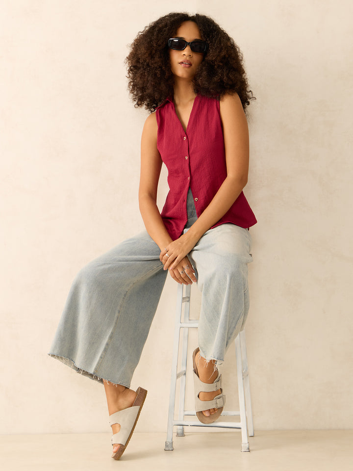 Wine Textured Cropped Shirt