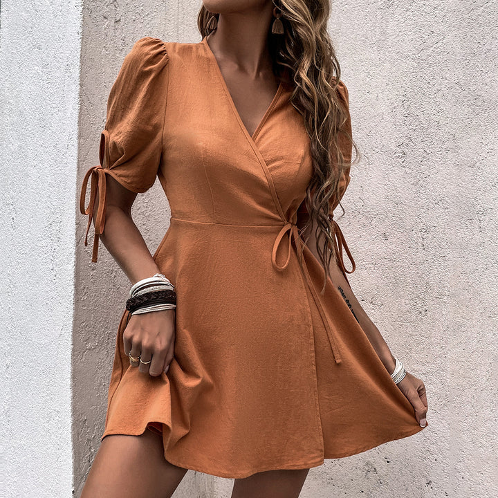 Orange Puff Sleeve Front Tie-Up Dress