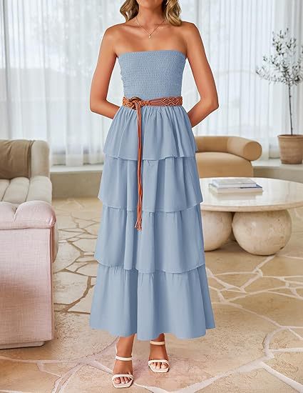 Blue Tube Smoked Dress With Ruffled Layers