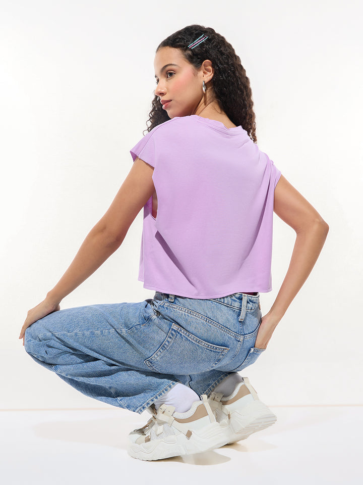 Lavender Sleeveless Crop Boxy Printed T-Shirt