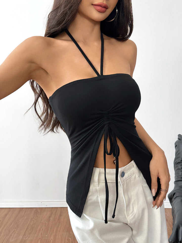 Black Halter Neck Front Ruched Top