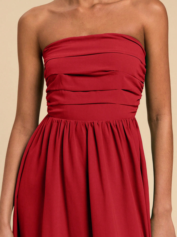 Red Tube Solid Maxi Ruched Dress