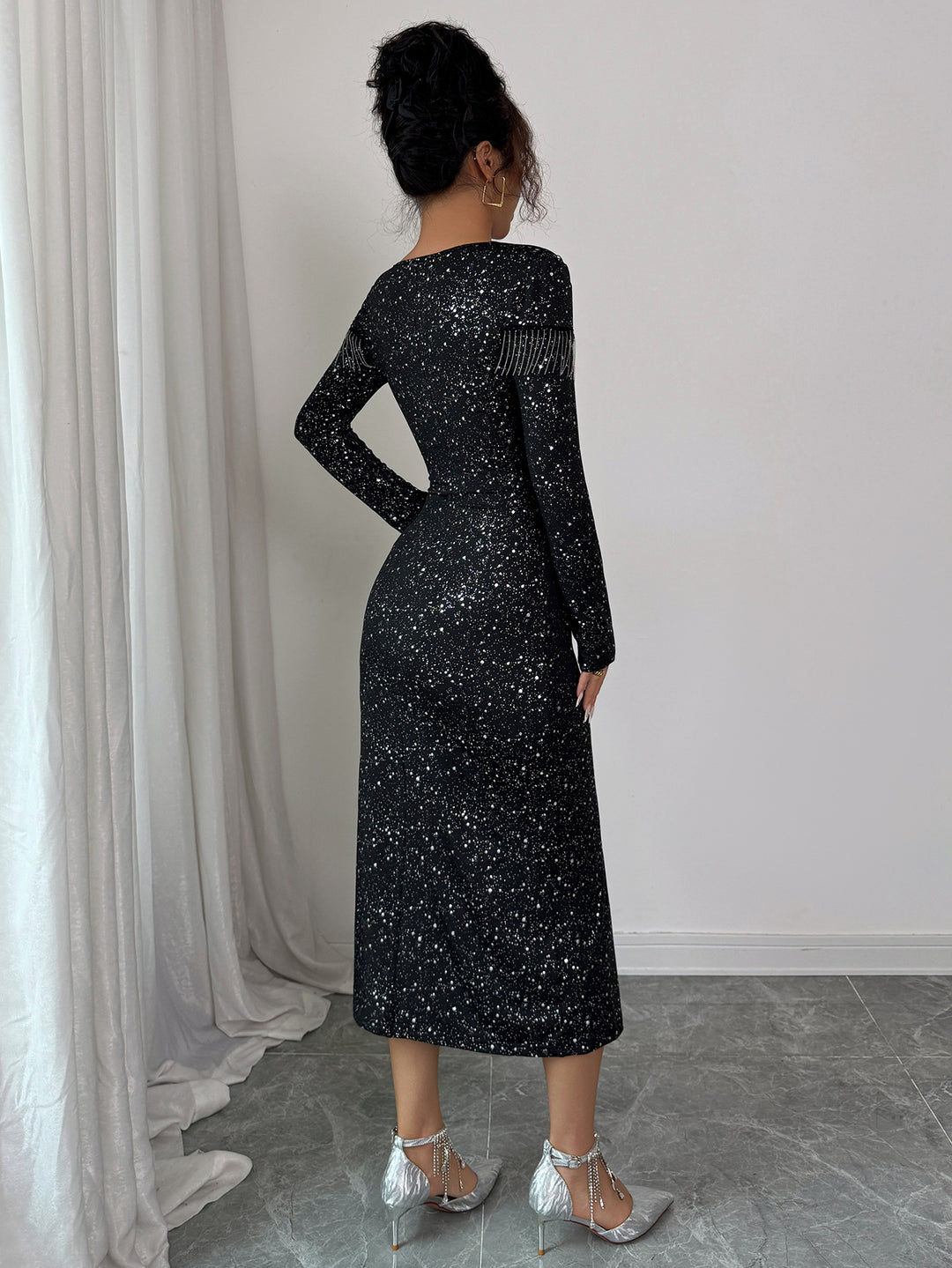 Black Cinched Waist Embellished Dress
