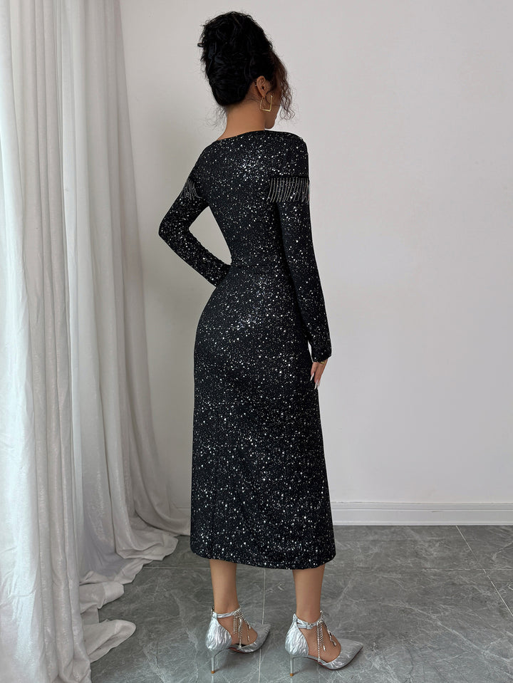 Black Cinched Waist Embellished Dress