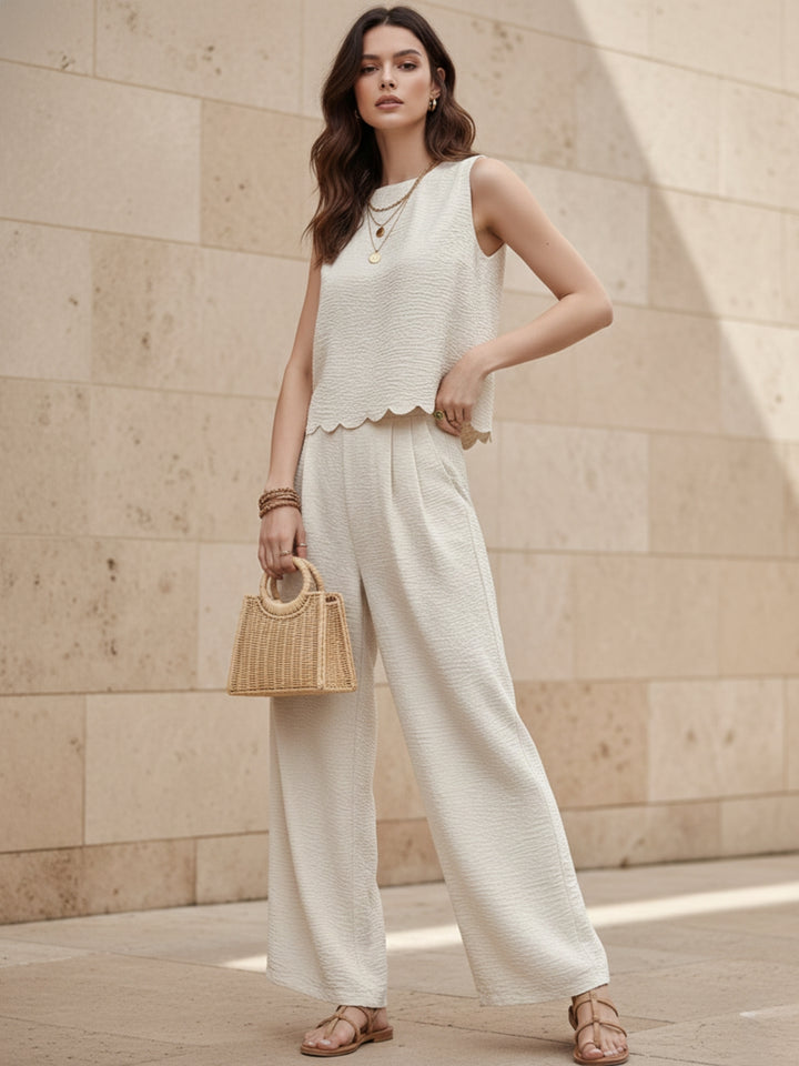 Off White Sleeveless Scallop Hem  Back Tie Top Up And Pant Set
