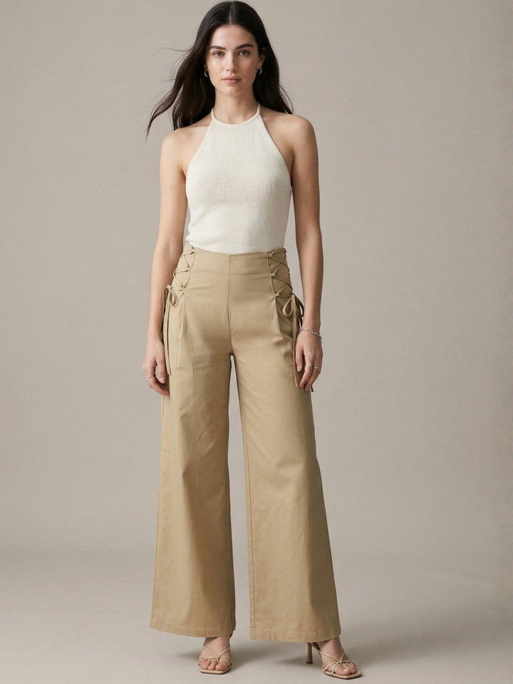 Beige High Waist Side Tie Wide Leg Trousers