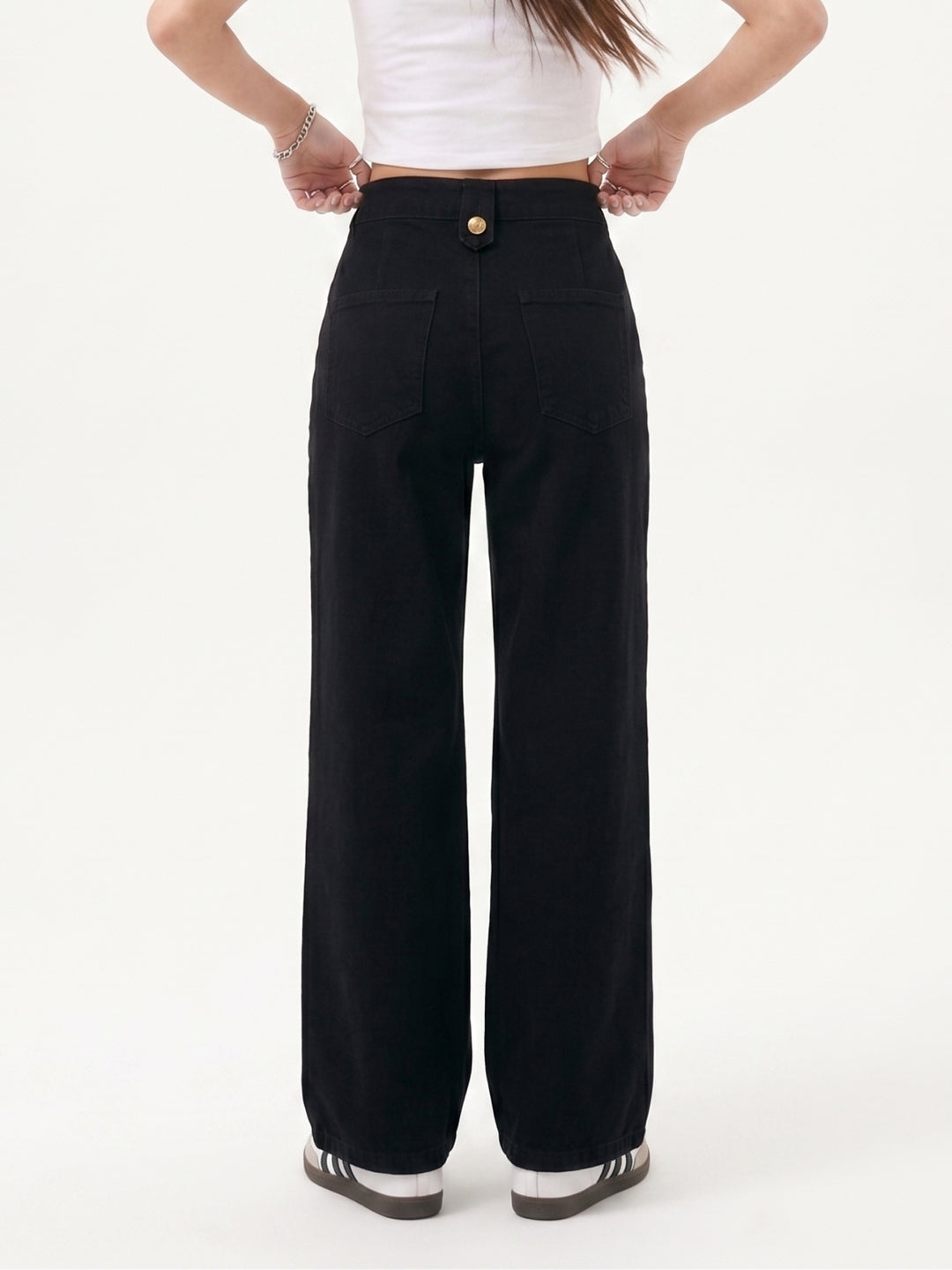 Black Slant Buttoned Pocket Wide Leg Jeans
