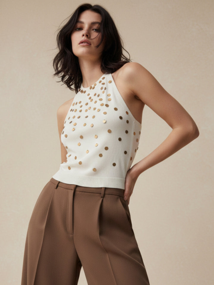 Off White Halter Neck Sequined Tank