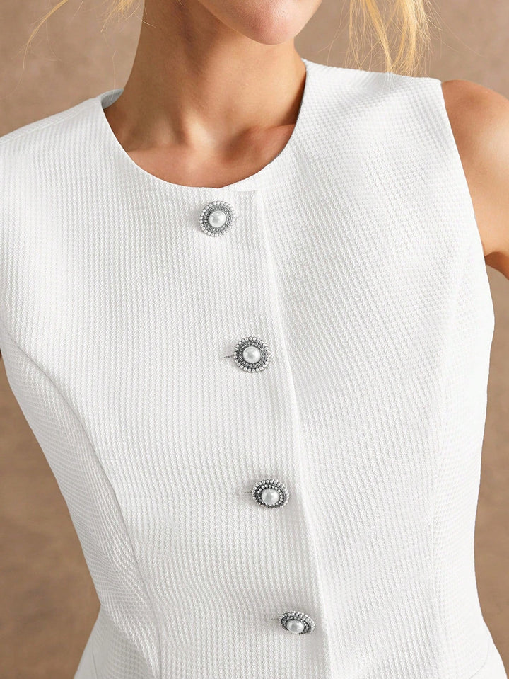 White Sleeveless Fitted Vest & Pleated Skirt Set