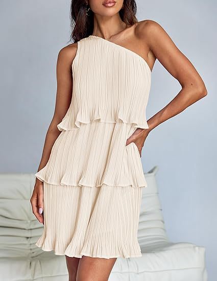 Cream One Shoulder Three Tiered Pleated Dress