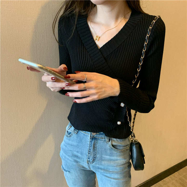 Black Plunge Neck Knit Top