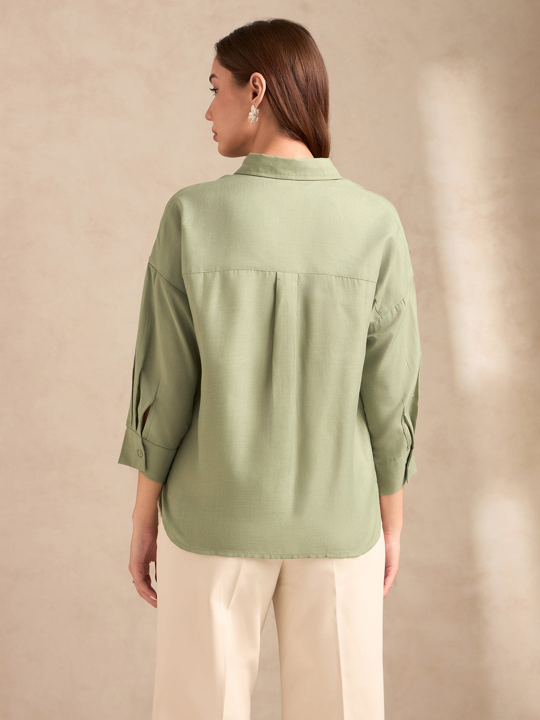 Green Floral Embroidered Shirt With Drop Shoulder