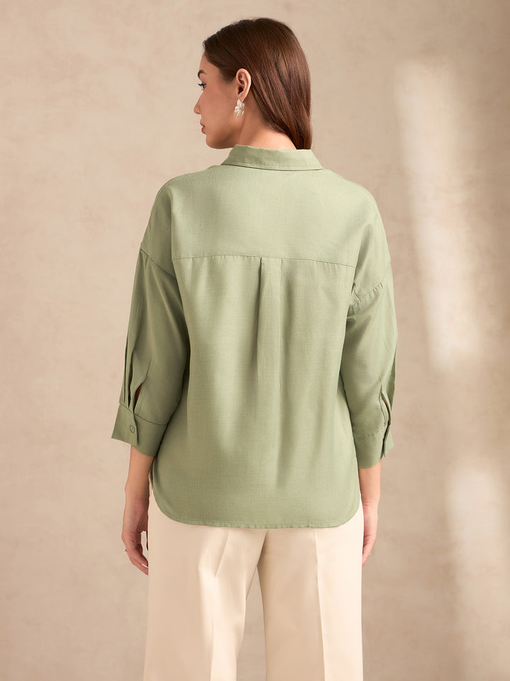 Green Floral Embroidered Shirt With Drop Shoulder