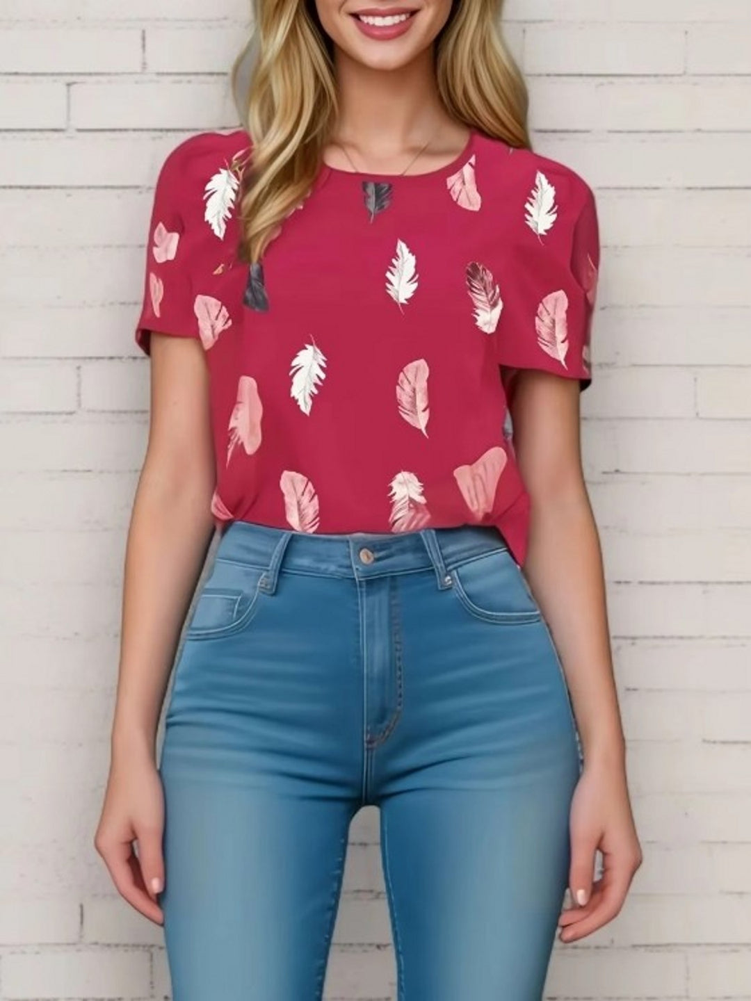 Pink Half Puff Sleeves Printed Top