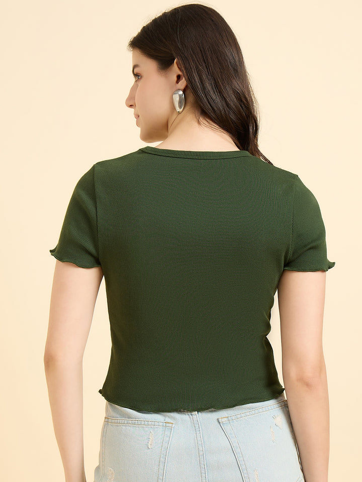 Olive Scallop Hem Ribbed Top