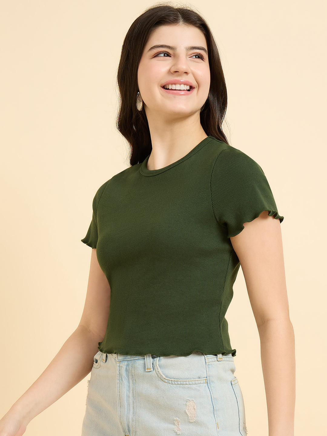 Olive Scallop Hem Ribbed Top