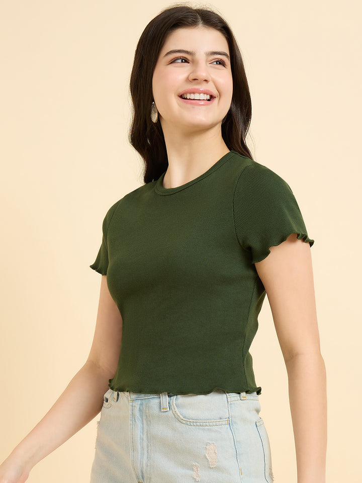 Olive Scallop Hem Ribbed Top