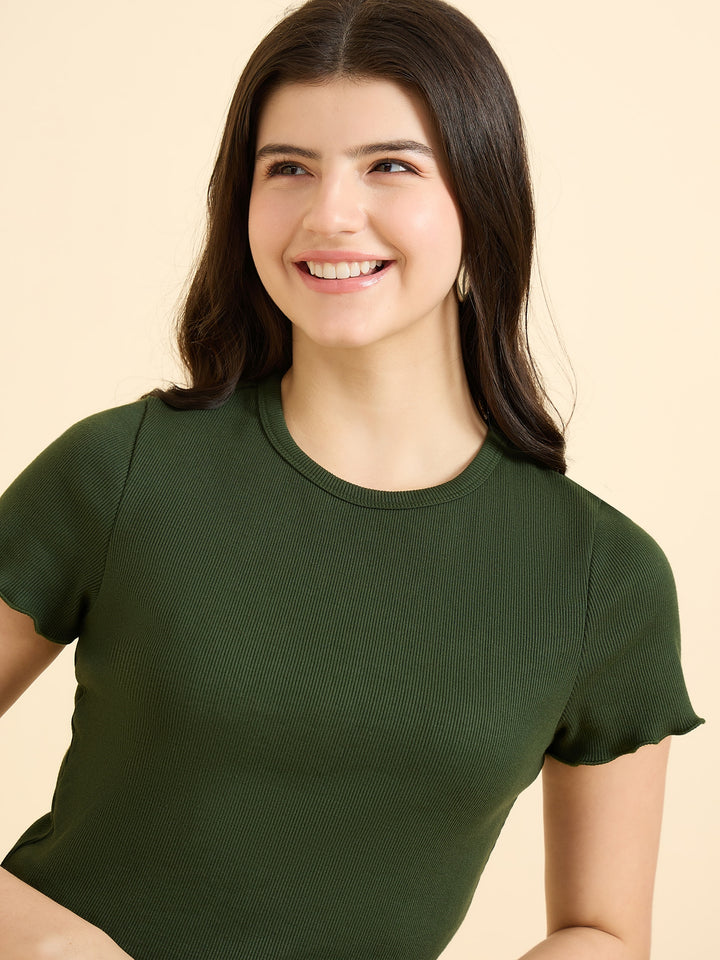 Olive Scallop Hem Ribbed Top