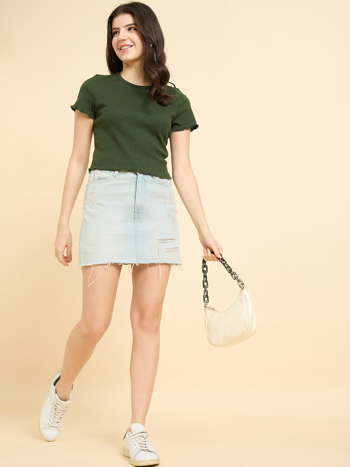Olive Scallop Hem Ribbed Top