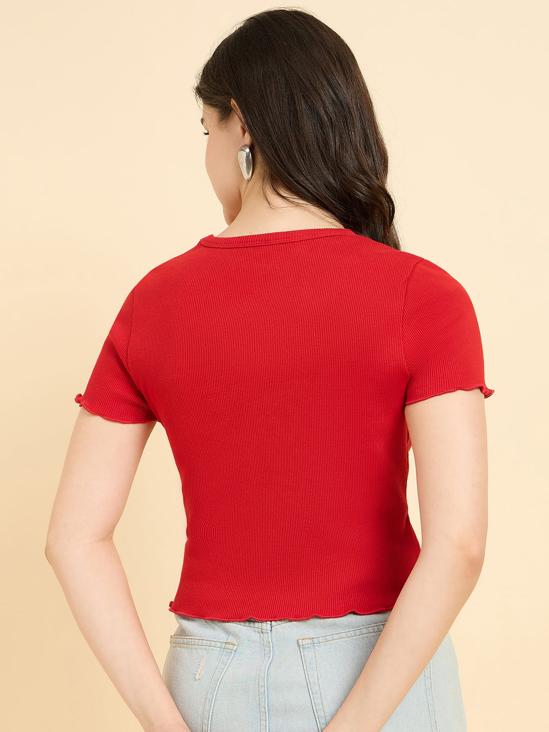 Red Scallop Hem Ribbed Top