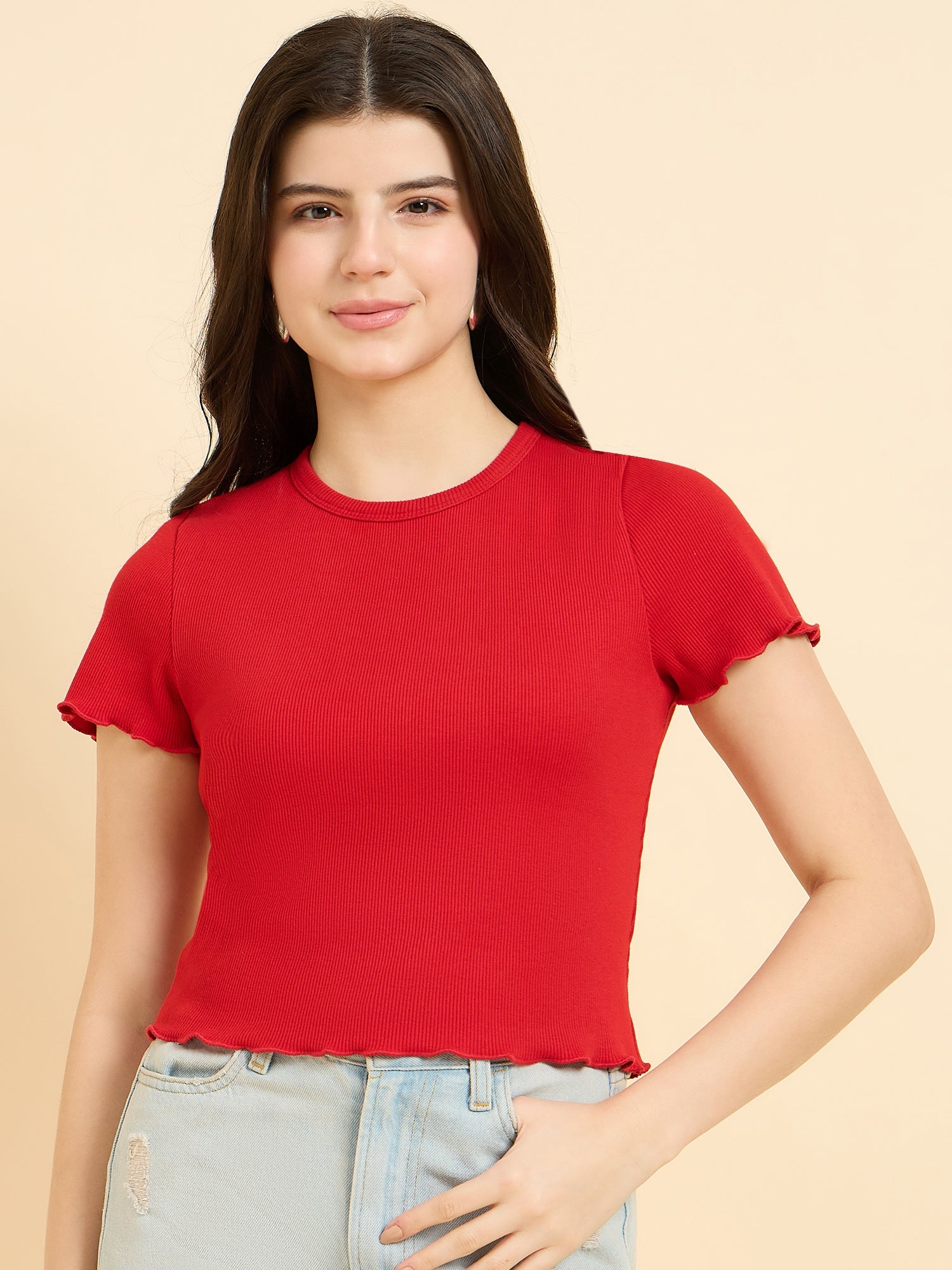 Red Scallop Hem Ribbed Top