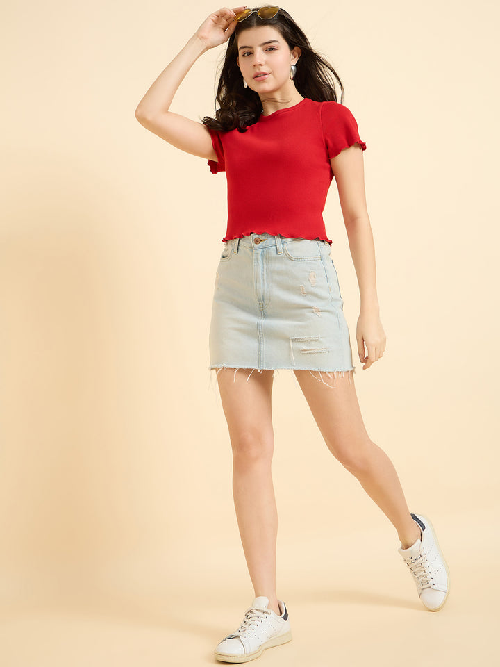 Red Scallop Hem Ribbed Top