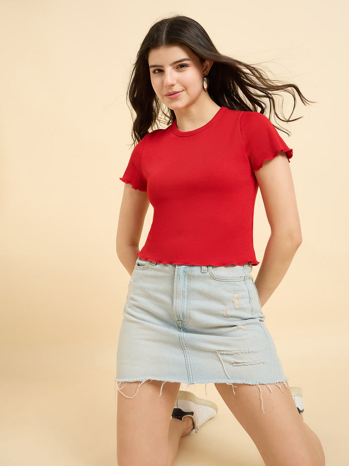 Red Scallop Hem Ribbed Top