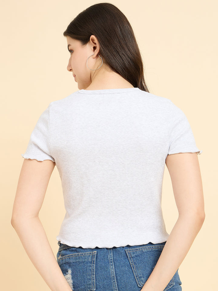 Grey Scallop Hem Ribbed Top