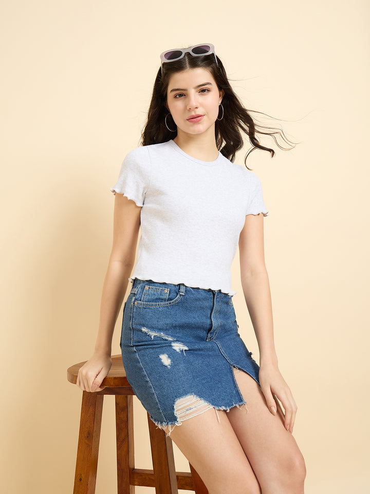 Grey Scallop Hem Ribbed Top