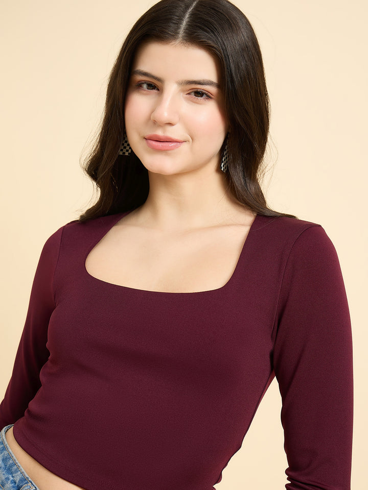 Maroon Solid Square Neck Top