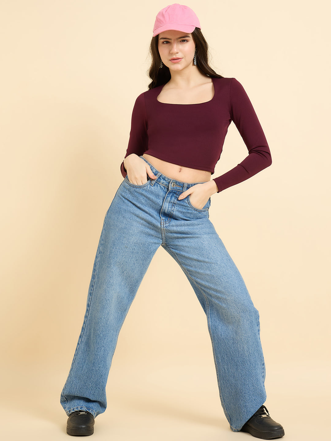 Maroon Solid Square Neck Top