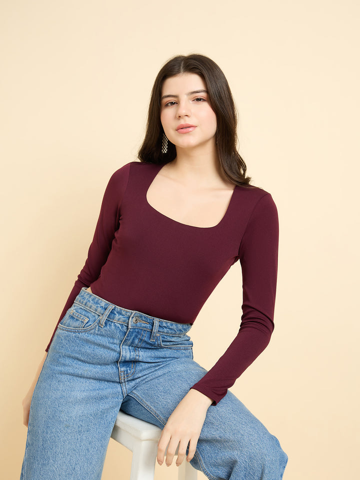 Maroon Solid Square Neck Top