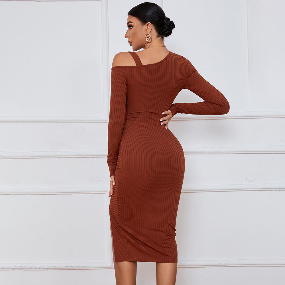Brown Full Sleeve Cold Shoulder Front Ruched Dress