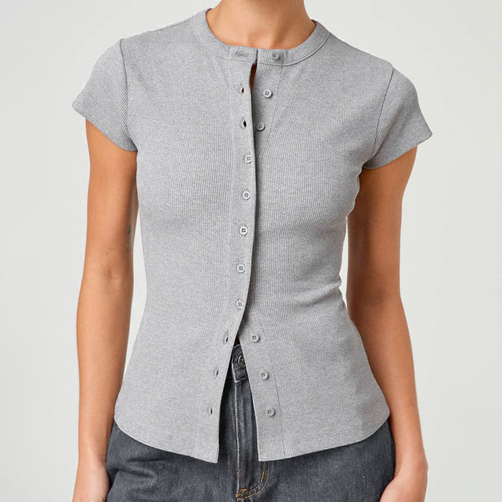 Grey Ribbed Shirt Style Top