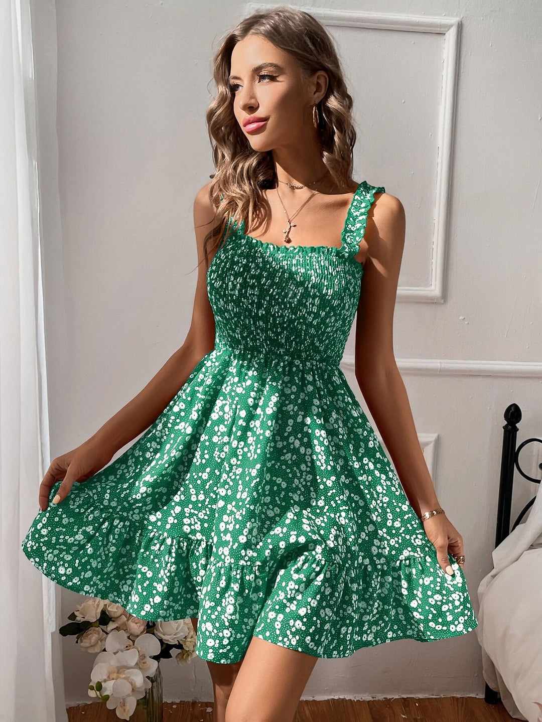 Green Ditsy Print Fit And Flare Dress