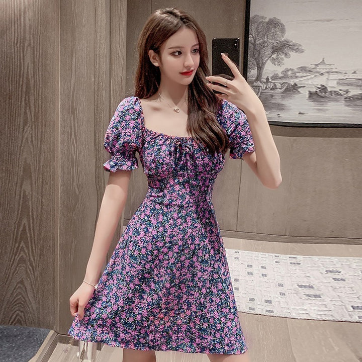 Purple Puff Sleeves Fit And Flare Dress