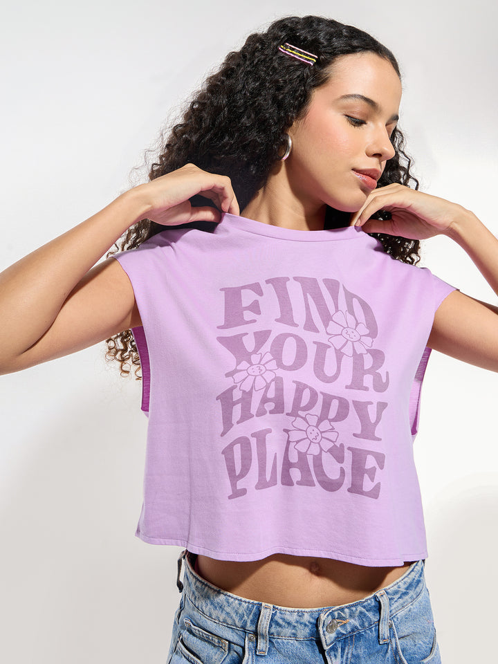 Lavender Sleeveless Crop Boxy Printed T-Shirt