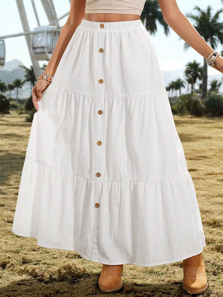 White Button Detail A-Line Skirt